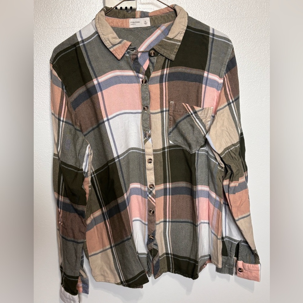 Maurices Olive Plaid Relaxed Button-Up with Pink and Blue Stripes